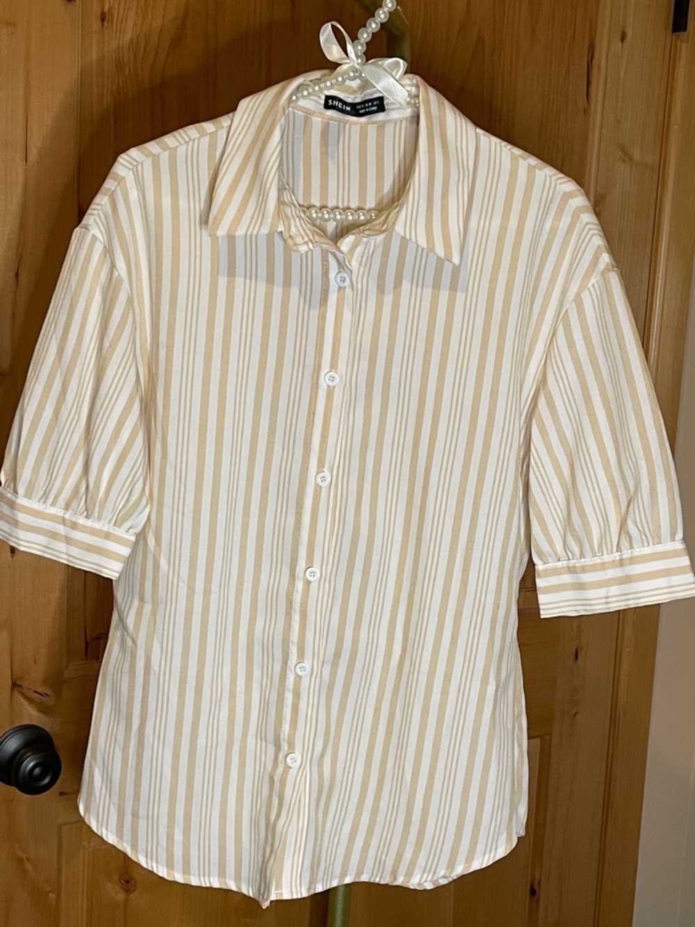 SHEIN women’s Short Sleeve Vertical Stripe Button-Up Shirt - Cream & Tan